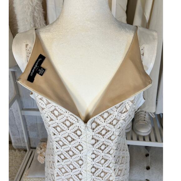 Sharagano Women's Size 10 Ivory Lace Nude Underlay Sleeveless Linen Shift Dress - Picture 6 of 9